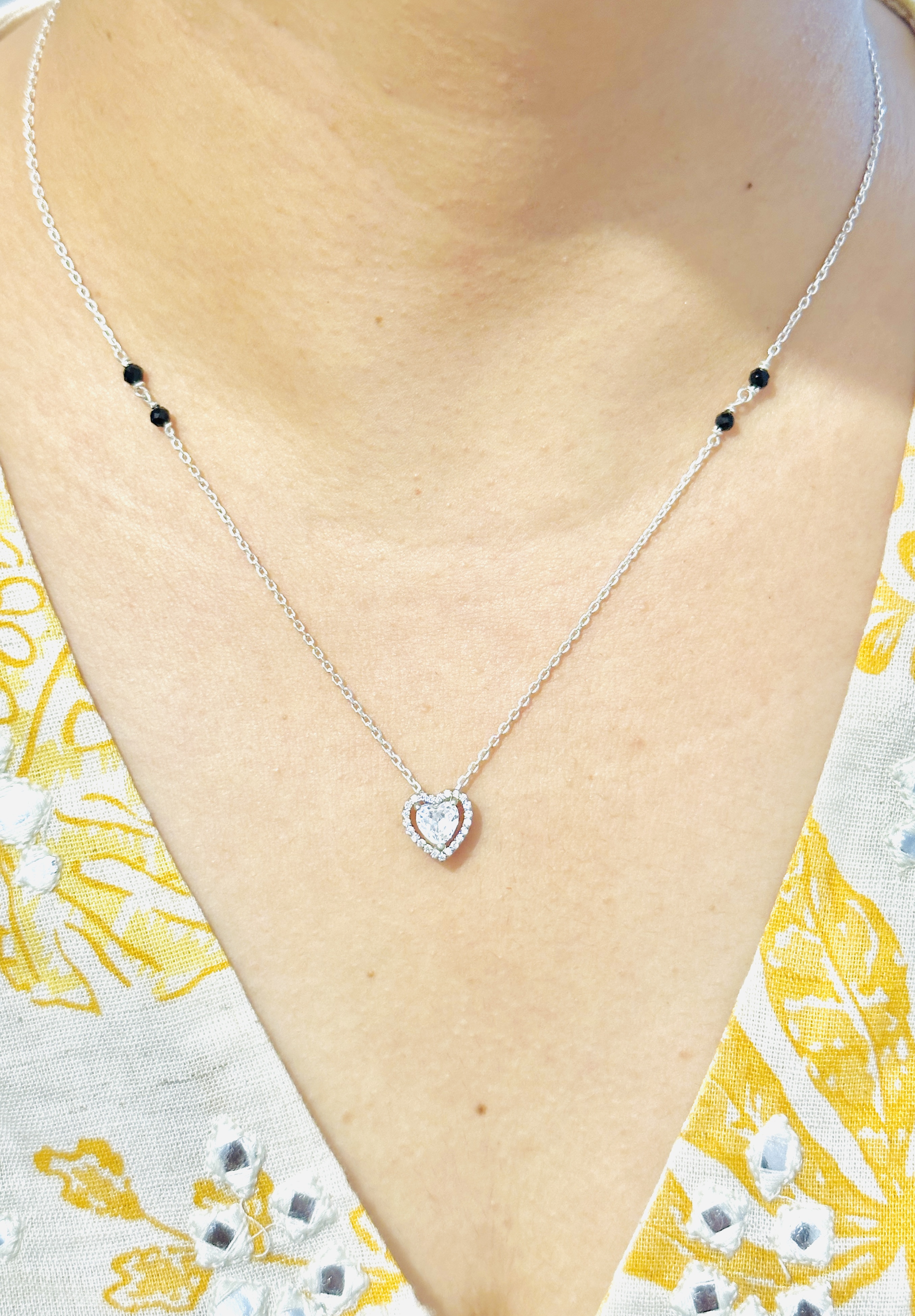 925 Sterling Silver Heart Minimal Black Beaded Mangalsutra